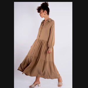 NEW! BOHO Oversized MAXI Khaki Bohemian Shirt dress Med RET: $70 LOOK!!